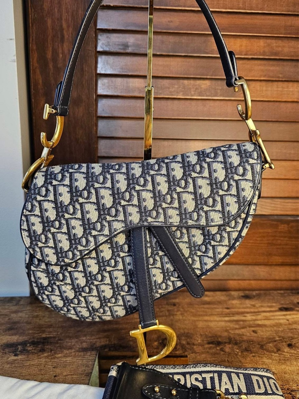Dior Navy Saddle Bag - Signature Monogram with strap and dust bag